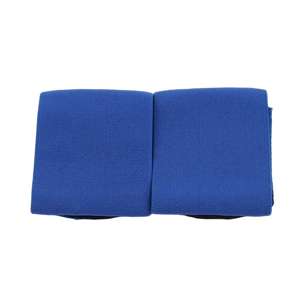 Red elastic rubber shin guard strap band for football sports, dimensions 25cm by 6.5cm.
