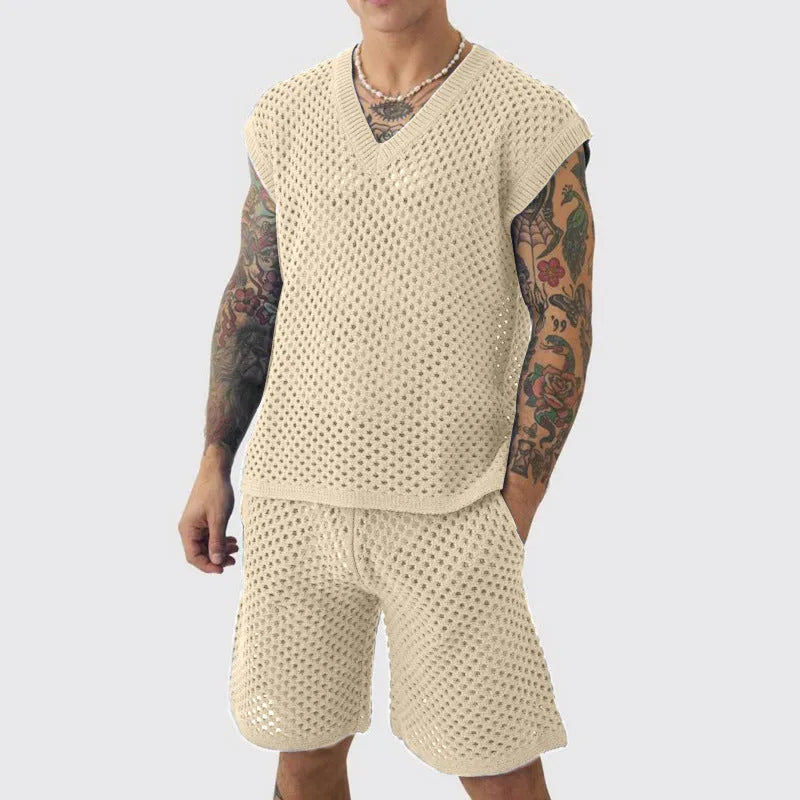 Men's blue knitted V-neck vest and matching shorts suit for summer sports