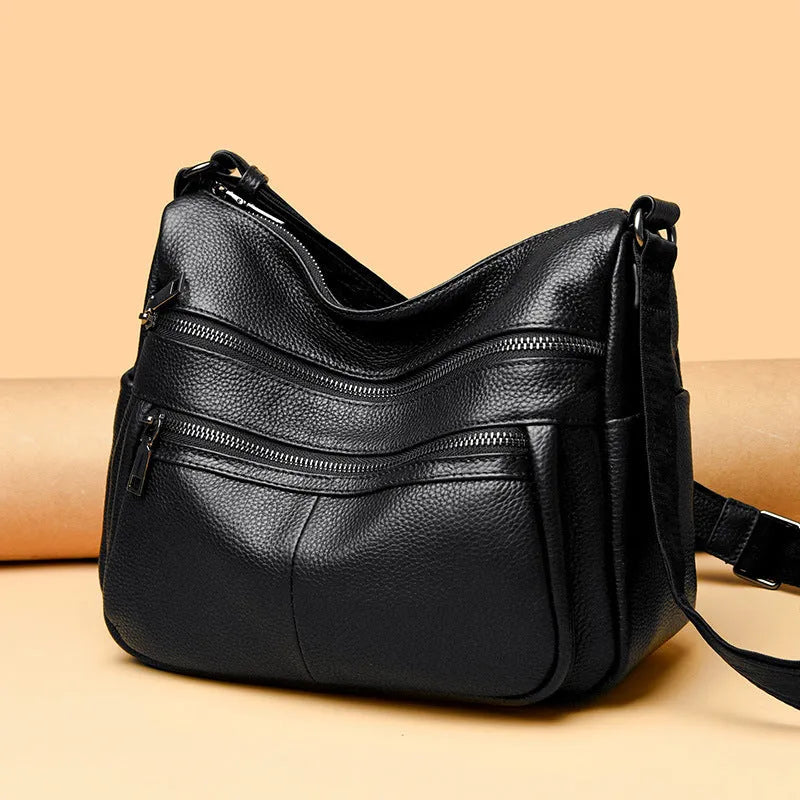 Genuine leather messenger bag soft pillow shape single strap first layer cowhide black large