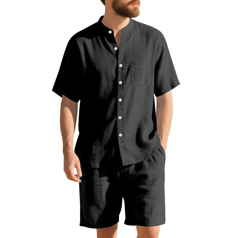 Men's light blue short sleeve linen shirt and shorts two-piece casual suit set on a hanger.