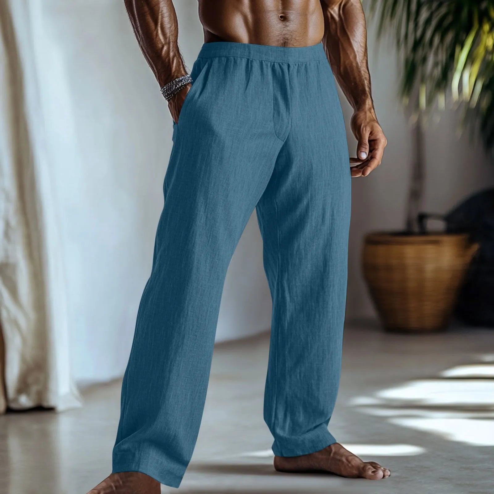 Cotton and linen straight leg trousers in British casual style with front pockets