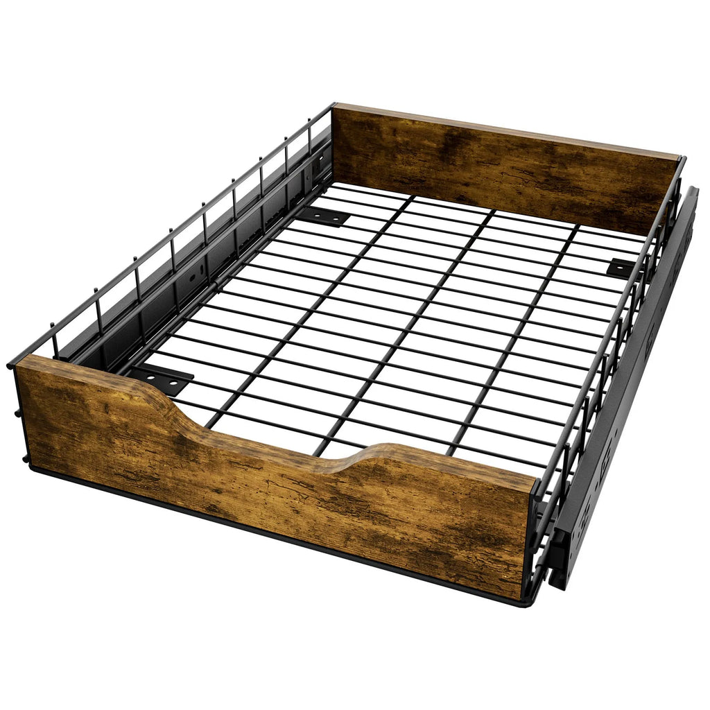 Black household storage basket drawer with wood iron construction and pull basket mechanism