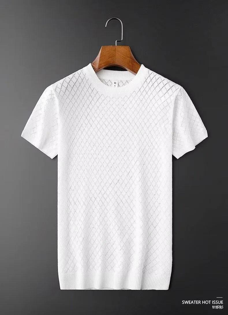 Men's ice silk Korean style short sleeve T-shirt available in white or black with V-neck or round neck options.