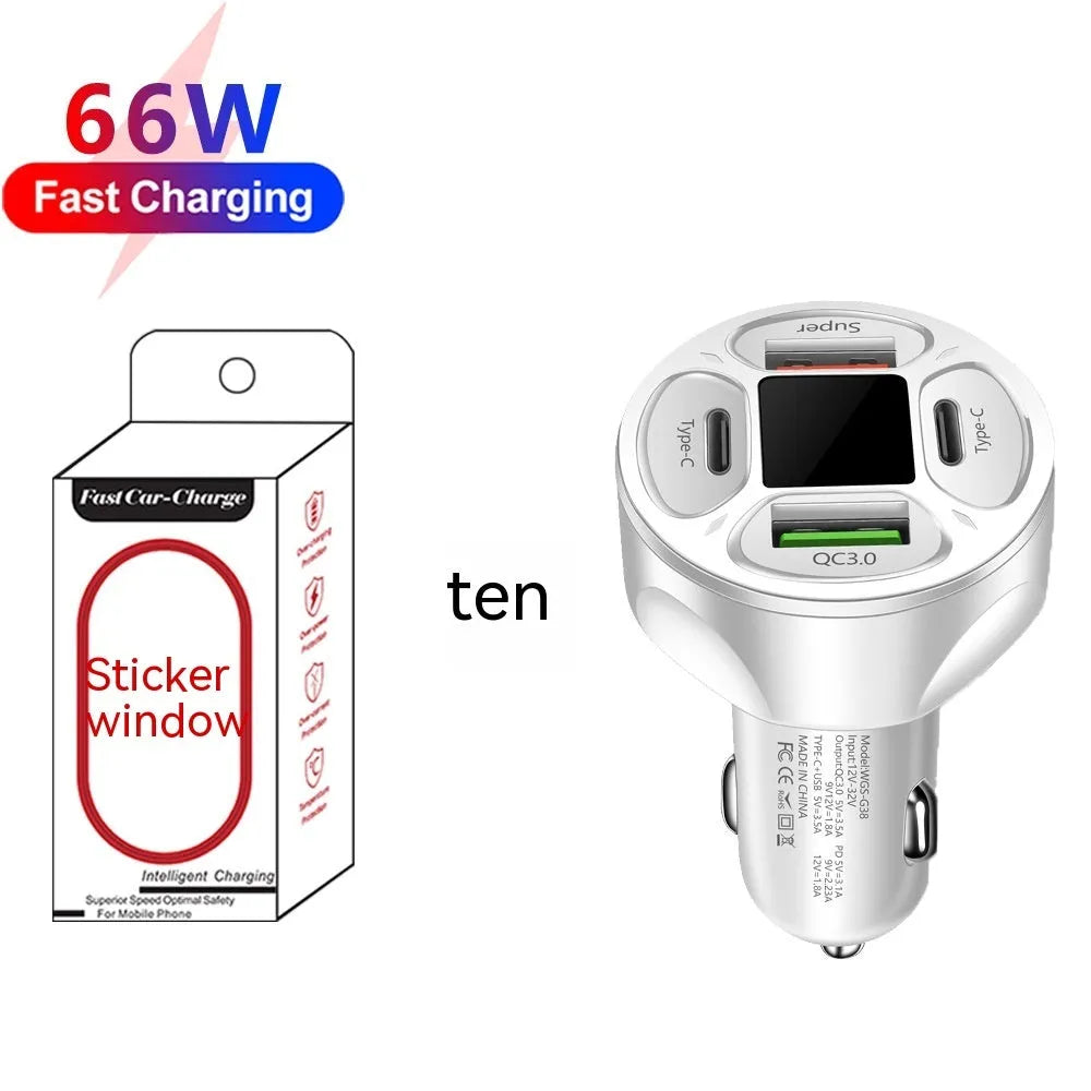 66W black and silver digital display car charger with two USB ports and two Type-C ports
