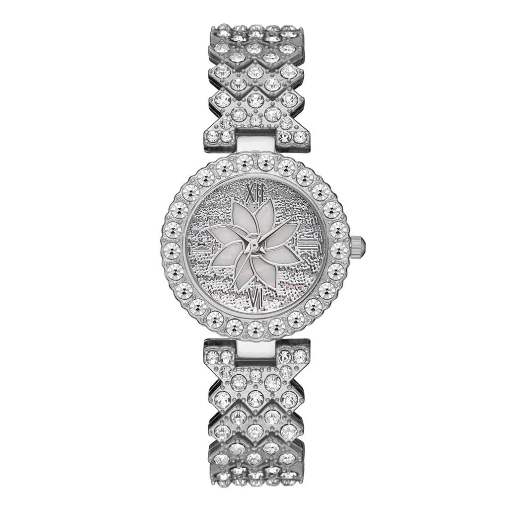 Diamond-embedded starry sky flower disk bracelet watch set for women rose gold 7mm quartz