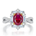 Silver oval pigeon egg surround setting ring for women, red electroplated, camellia detail, sizes No 5-9