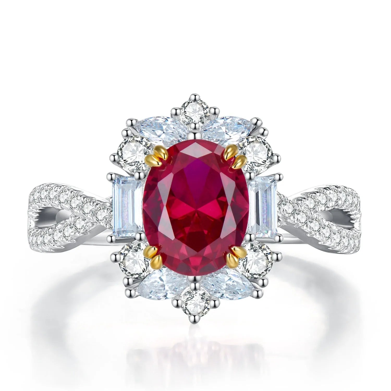 Silver oval pigeon egg surround setting ring for women, red electroplated, camellia detail, sizes No 5-9