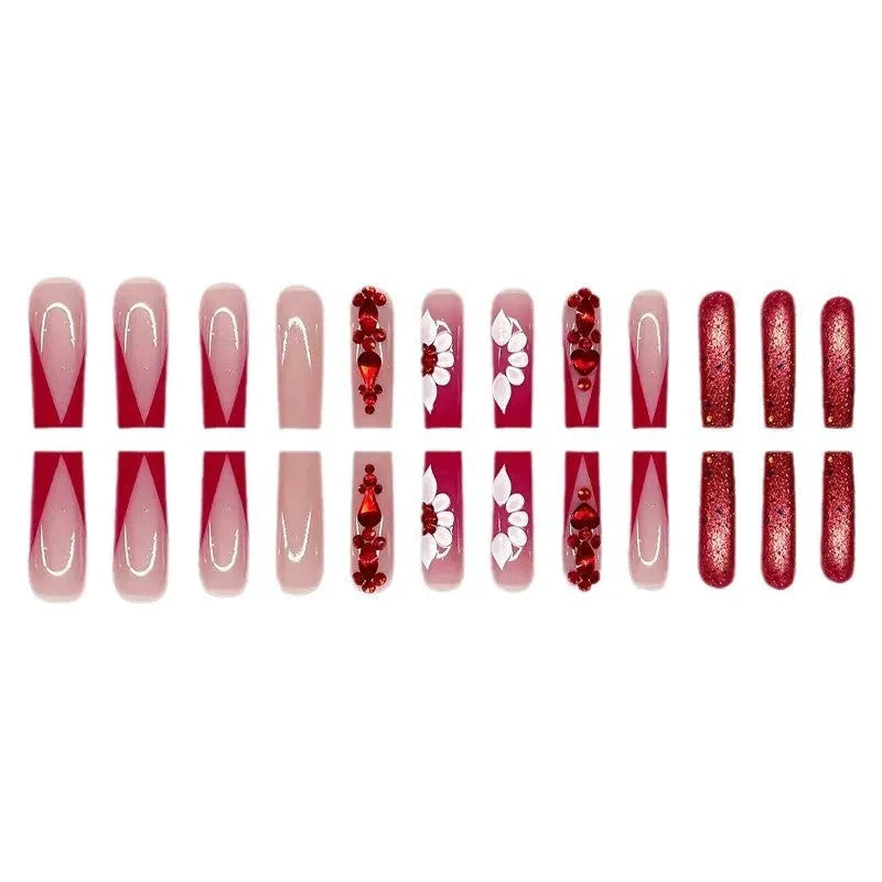 Sweet flowers prismatic red diamond fake nails with European Square long shape