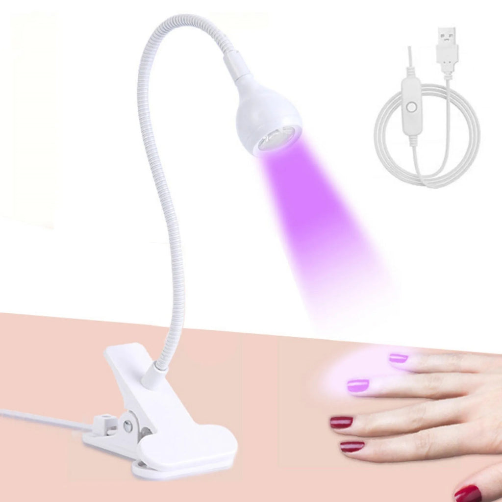 Goose neck nail lamp with USB clip, 395nm purple light curing UV glue on nails in a home manicure setting.