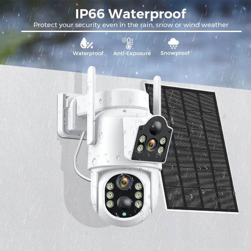 Black or white outdoor solar-powered wireless security camera with separate solar panel unit