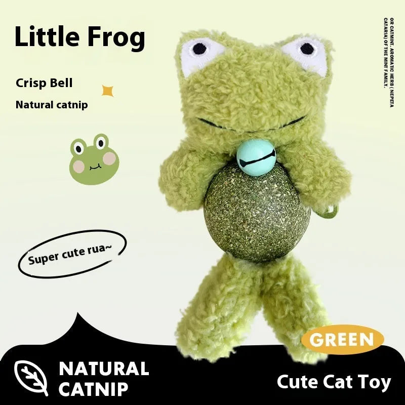 Plush catnip ball toy in brown bear design with bell, measuring 15cm tall for kitten biting play