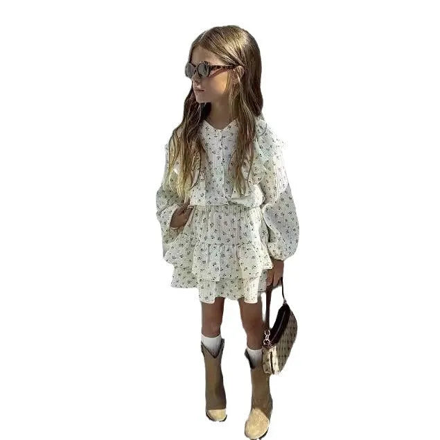 Girls autumn floral lace long sleeve shirt and tiered skirt two-piece cotton set for 90-140cm height