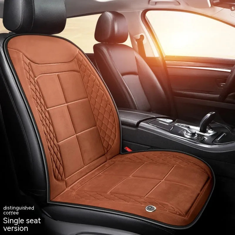 Auto heating car seat cushion with cotton filler shown in beige colour on vehicle seat