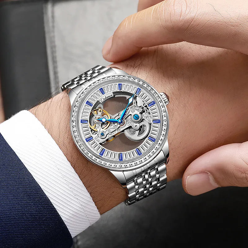 Luxury zircon mechanical men's watch with waterproof case and choice of straps