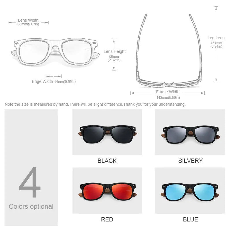 Polarised sunglasses with bamboo and wood arms, gray lens, PC frame on white background