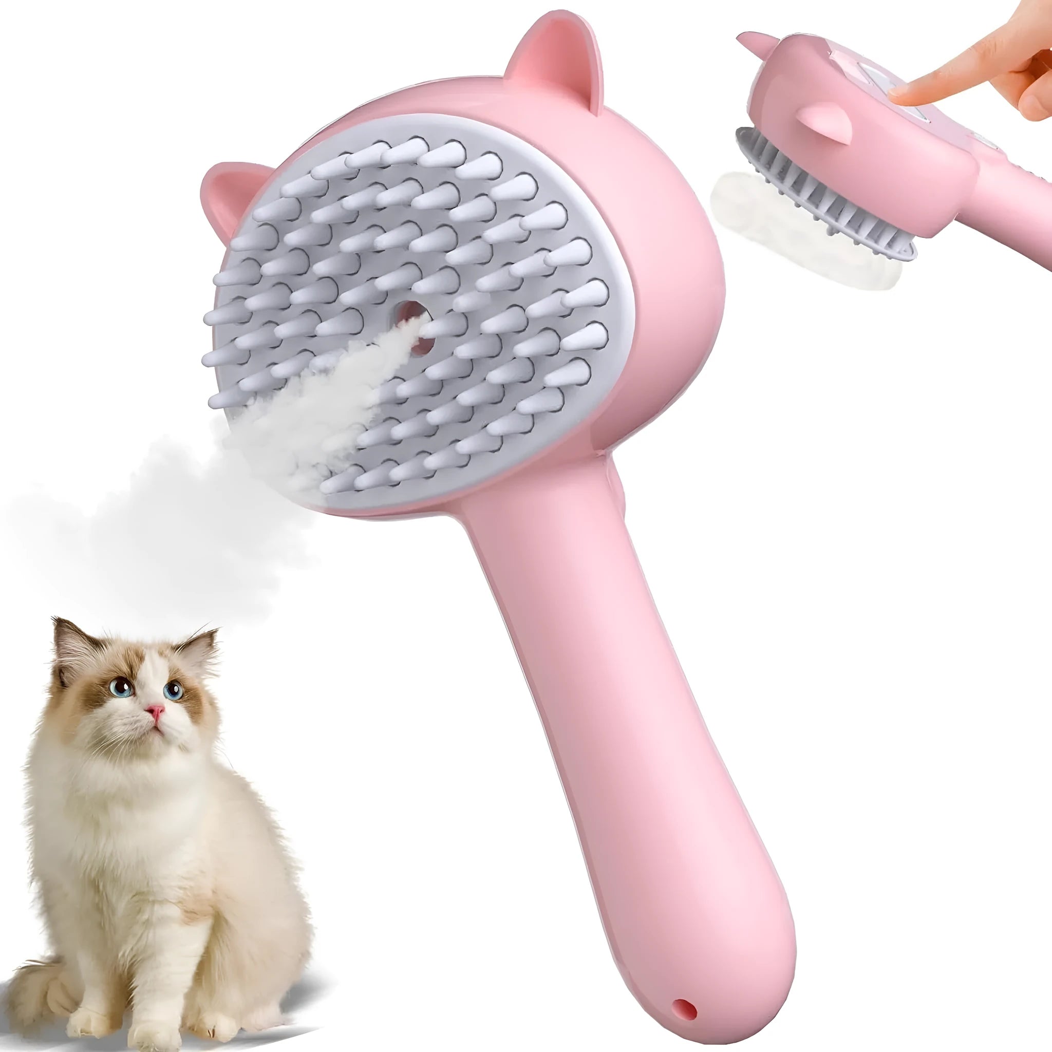 Cat ear-shaped steam brush with ergonomic handle and release button in blue, pink or yellow colour