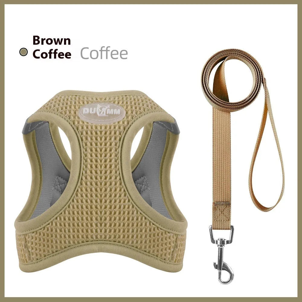 Brown waffle cloth cat harness with integrated pulling rope and chest strap laid flat.
