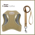 Brown waffle cloth cat harness with integrated pulling rope and chest strap laid flat.
