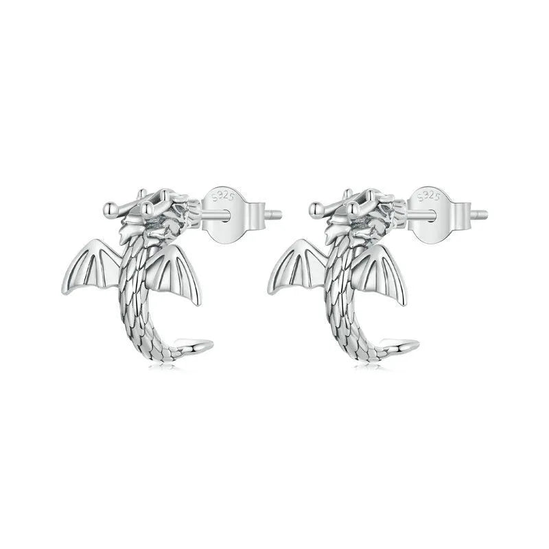 Handmade 925 silver oxidised retro dragon stud earrings for women, 13x13mm, colour SCE1734