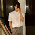 Men's slim-fit black short-sleeved knitted shirt made from thin ice silk material.