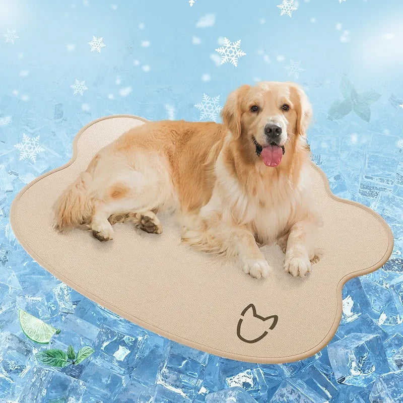 Dog cooling ice mat with simple dog head pattern in light grey colour showing non-slip underside