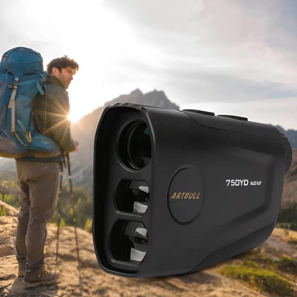 Golf laser rangefinder with LCD display showing distance measurement, featuring flag lock and slope compensation functions