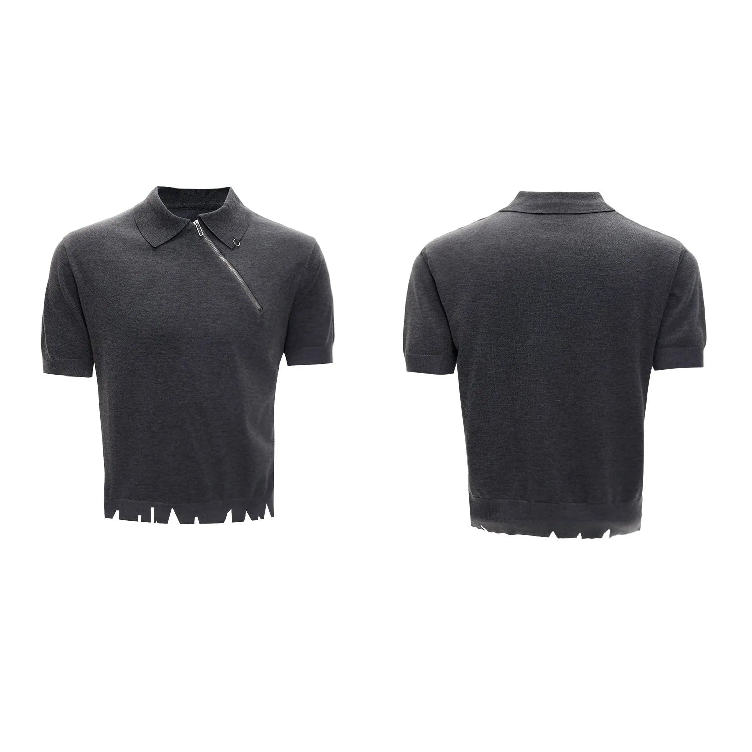 Men's black knitted polo shirt with oblique zipper and slim-fit ice-feel design