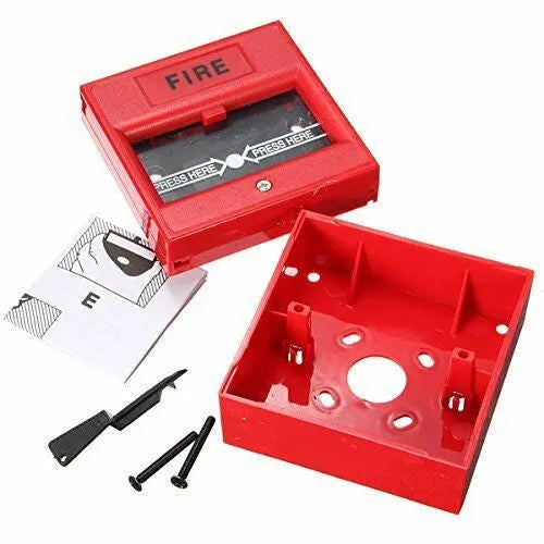 Red wired break glass emergency fire alarm button on white background