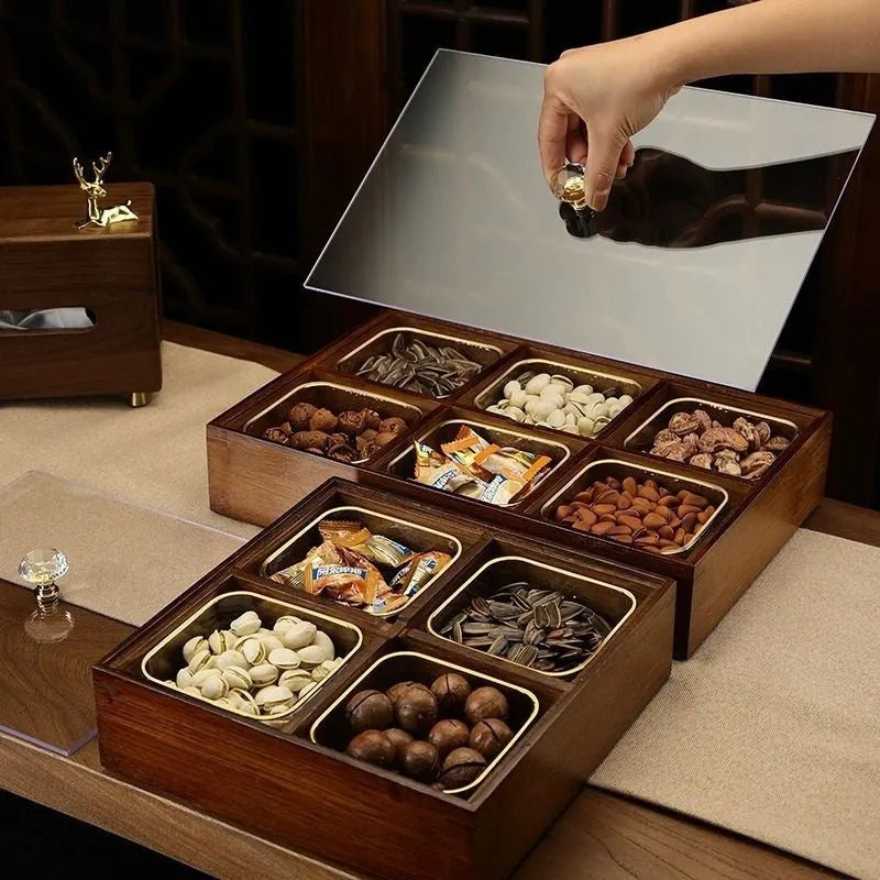 Solid wood acrylic dried fruit box with transparent grids in New Chinese style
