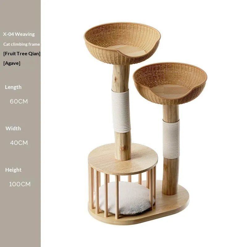 Solid wood cat climbing frame with rubberwood board, straight-grained pine trunk, and curved sisal-covered fruit tree trunk cat bed all-in-one
