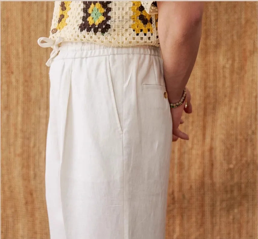 Linen high waist trousers with elasticated waistband in navy blue colour straight-leg design