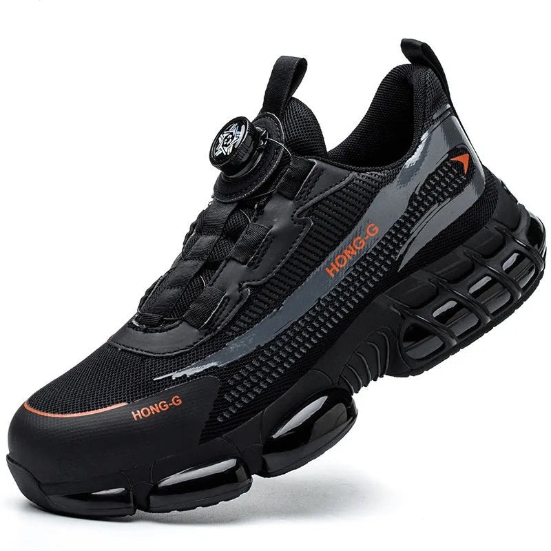 Lightweight low-top work safety shoe with a Flyweave upper, front lacing, and a steel toe cap.
