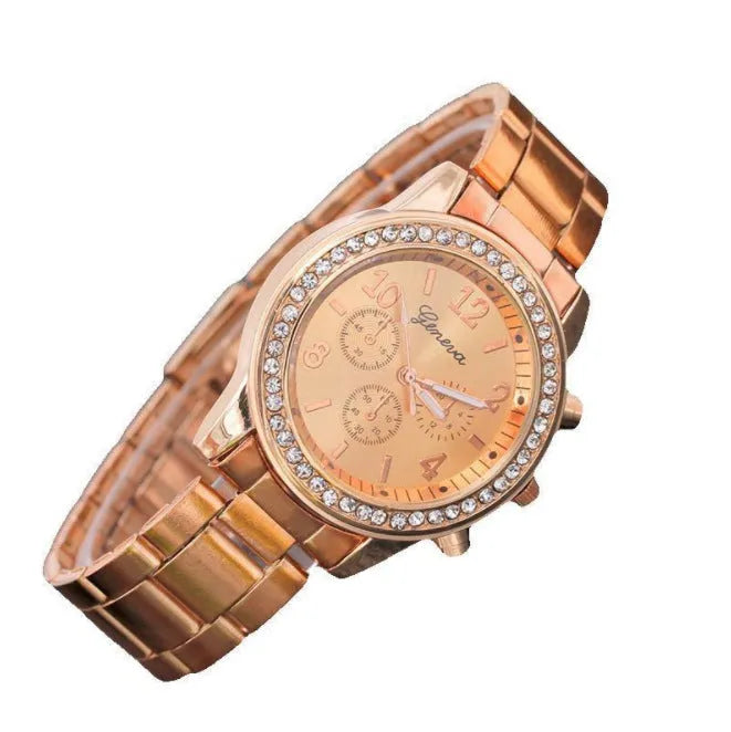 Fashion watch with diamond accents, alloy steel band, 38mm dial, 30M waterproof, spiral crown, in gold finish