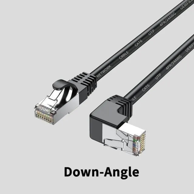 Cat6 Ethernet cable with right-angle RJ45 connector in various colours and lengths