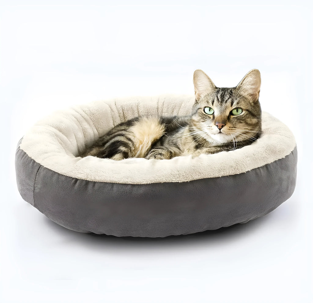 Circular warm soft pet nest dog bed in gray cloth with raised rim, size S, on a wooden floor