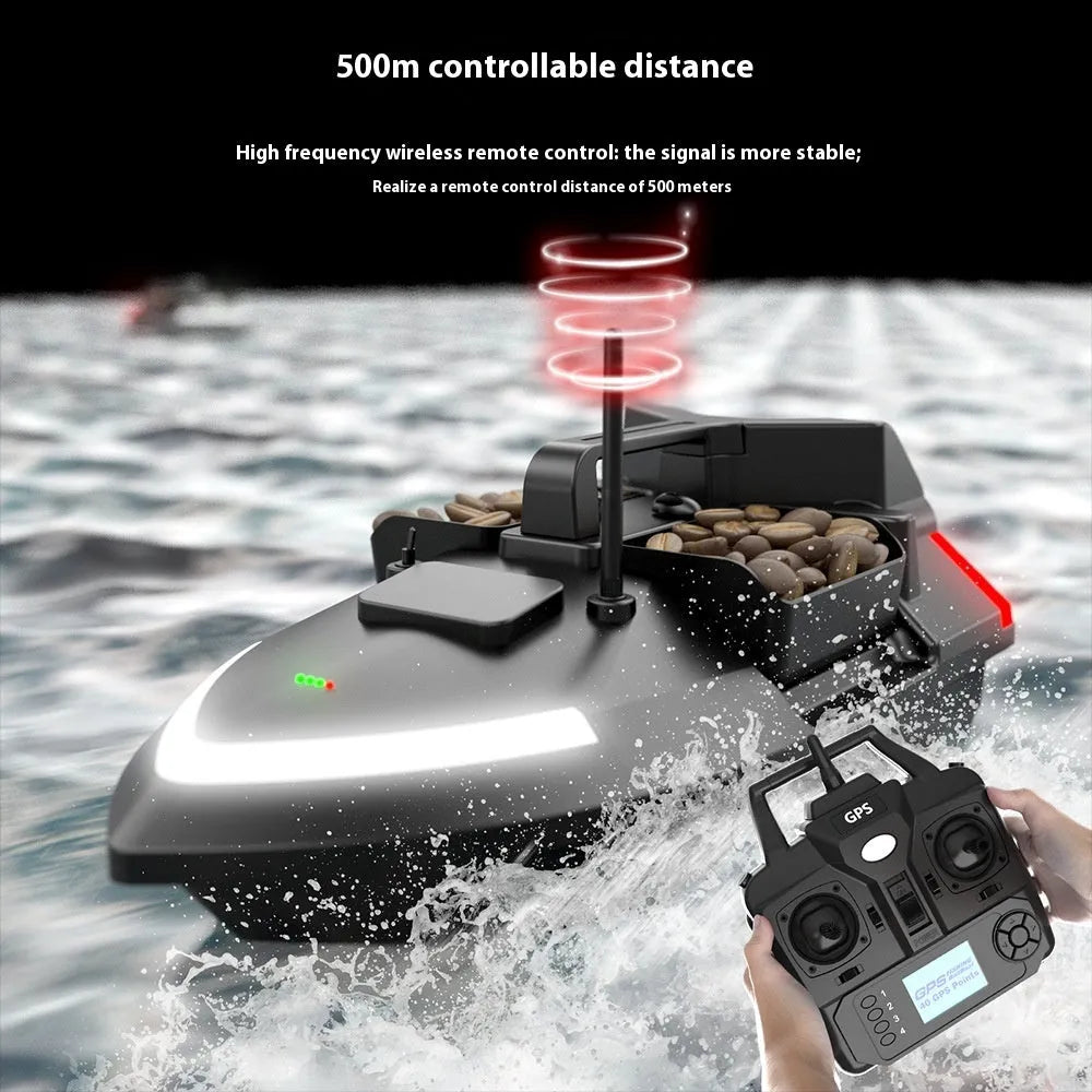 GPS remote control fishing boat in black or luminous yellow with remote control and handbag.