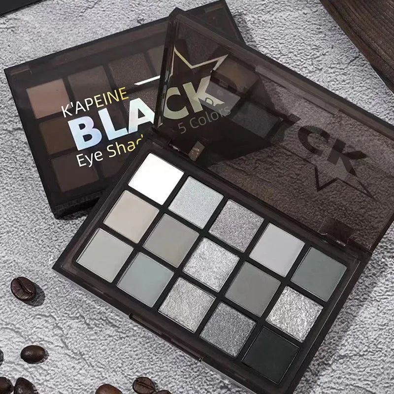 Easy To Colour 15 pan eyeshadow palette with shimmer and matte brown blue earth tones.