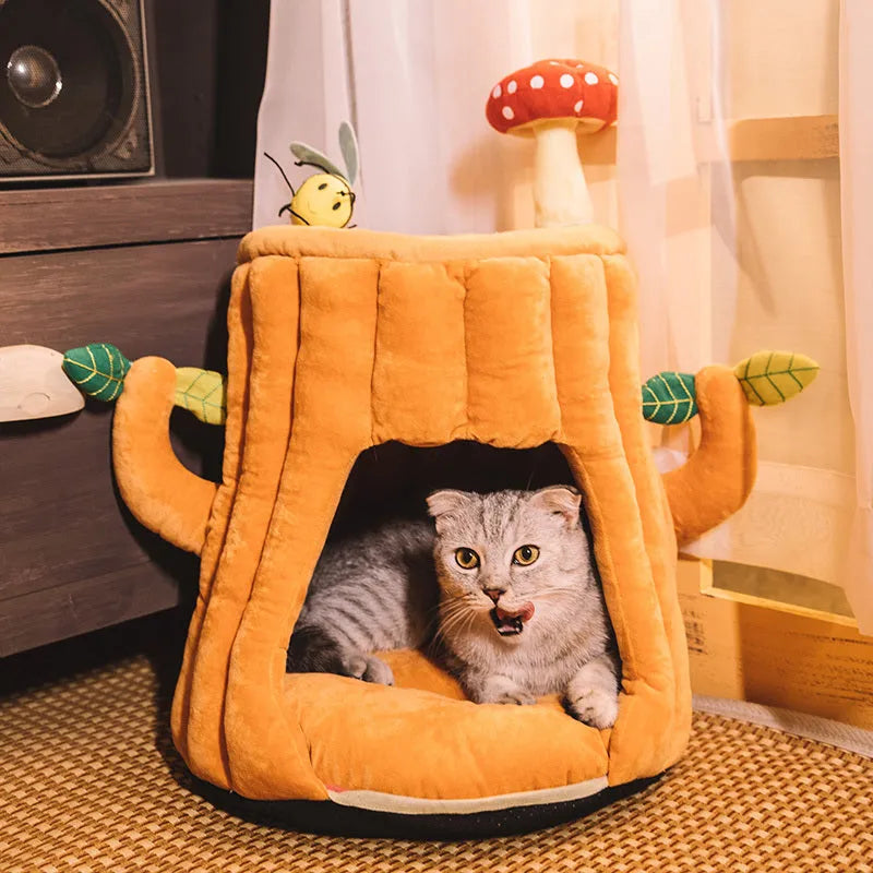 PP cotton lined semi-enclosed tree stump cat sleeping bag 40cm high 38cm diameter for small pets