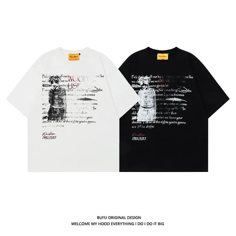 Men's black hip hop style cotton T-shirt with white letter printing and loose fit