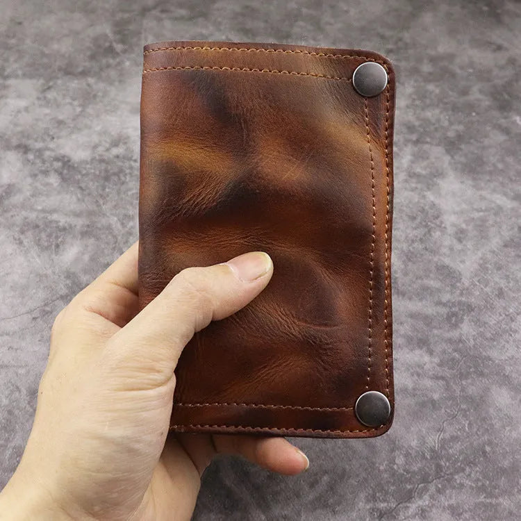 Men's genuine leather retro long wallet with multiple card slots in vertical square shape