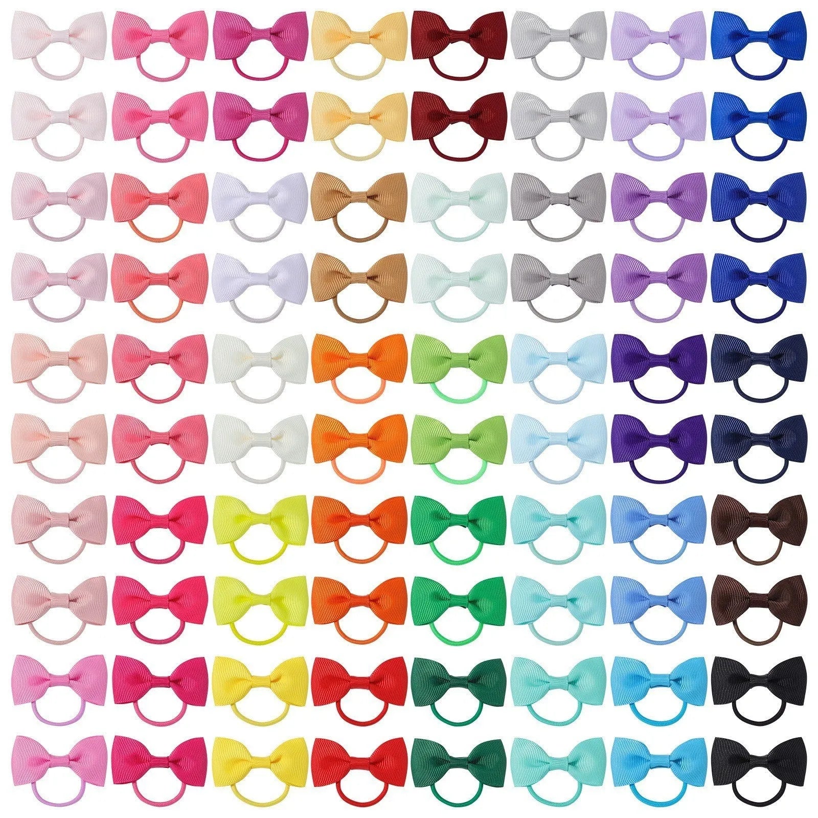 80 piece set of multi-coloured baby hair ties with matching grosgrain ribbon bows for infants and toddlers