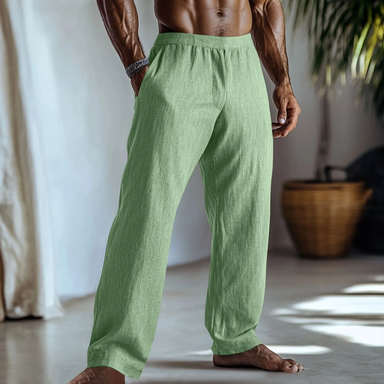 Cotton and linen straight leg trousers in British casual style with front pockets