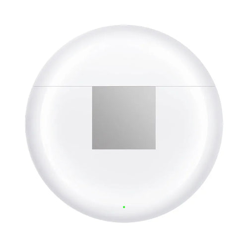 White Wireless Budz5 Bluetooth earbuds with semi-in-ear design and charging case on a grey background.