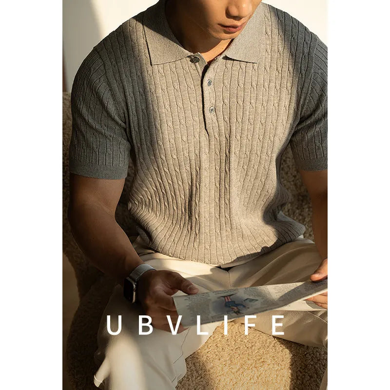 Men's short-sleeve business casual top in khaki colour, showing front design and fabric texture.