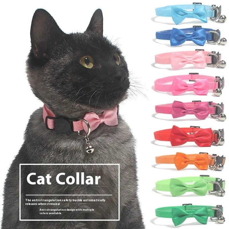 Striped multi-colour adjustable nylon cat collar with a small bell attached.