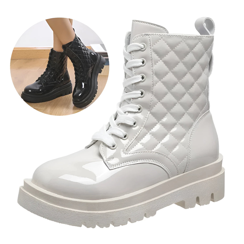 Women's lace-up thick-heeled ankle boots with quilted pattern, round toe, and rubber sole in beige