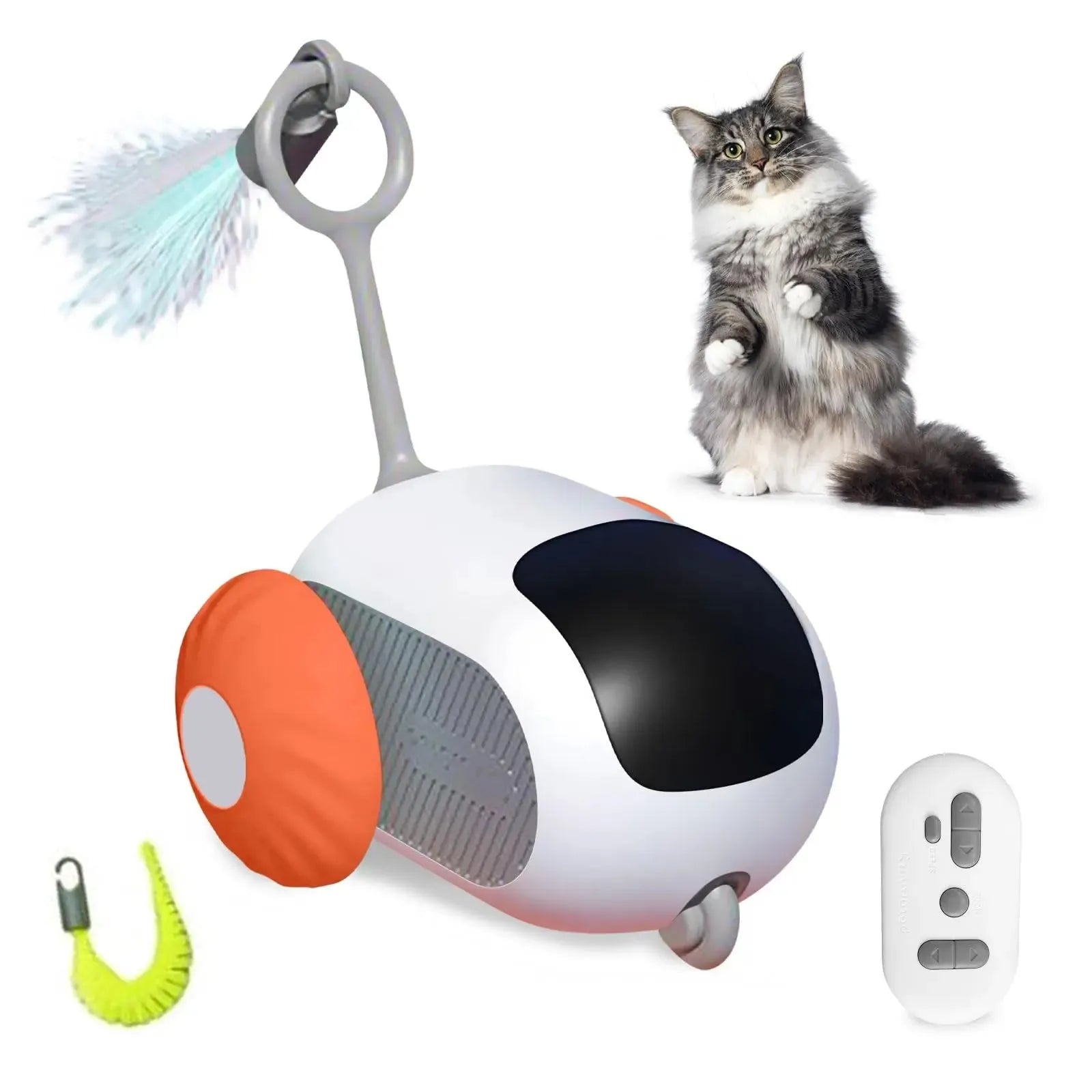 Blue and orange smart cat toy car with remote control featuring feather teaser attachment