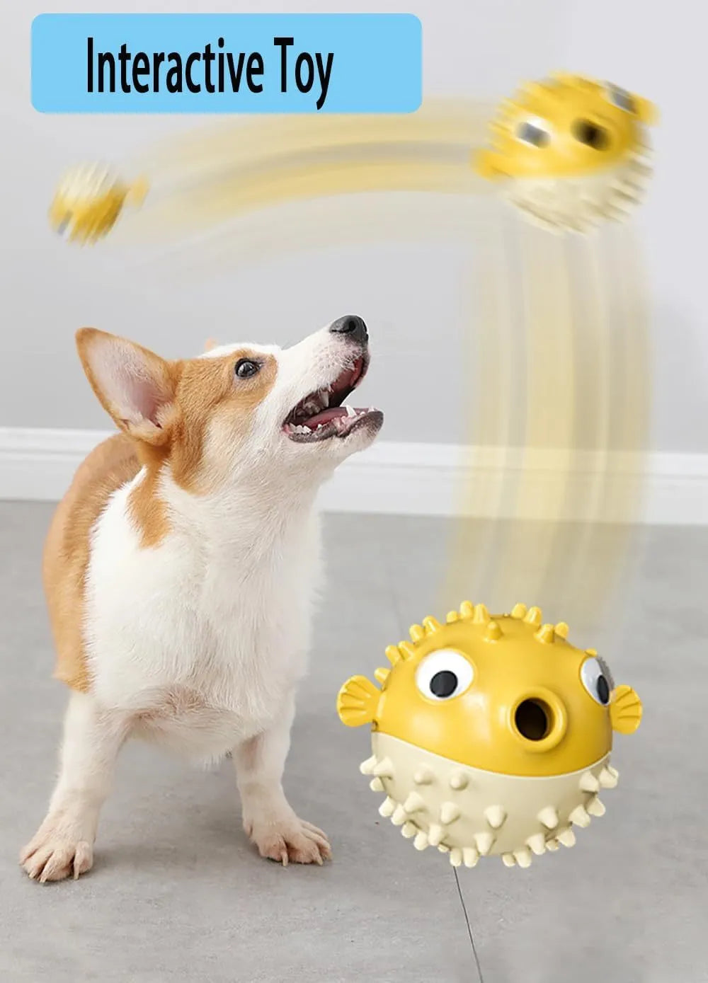 TPR fish-shaped interactive dog chew toy with treat dispensing hole and textured surface