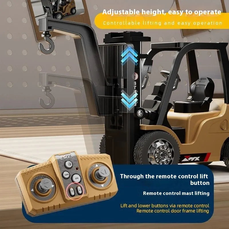 A blue 1:64 scale alloy remote control forklift model with a cargo hook and pallet on a table.