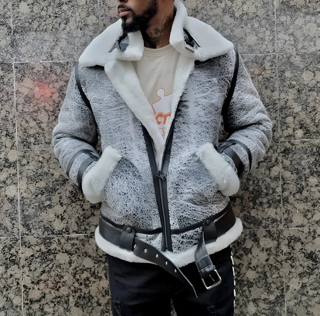 Men's off-white polyester jacket with large fur collar, zipper closure, loose fit in grey colour